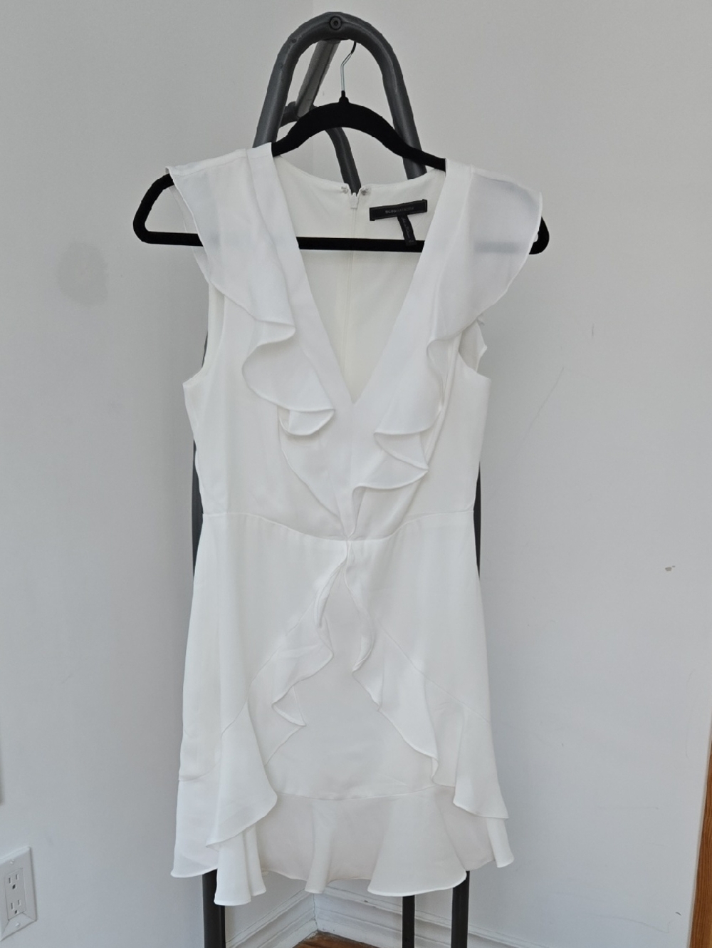BCBGMaxAzria White Ruffle V-Neck Mini Dress